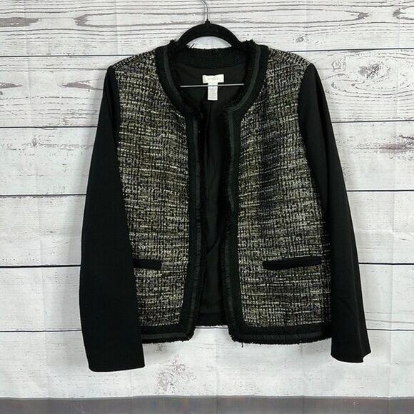 Chicos Blazer Jacket Medium Black Purple Tweed Fringe Metallic Open Textured - Picture 1 of 7